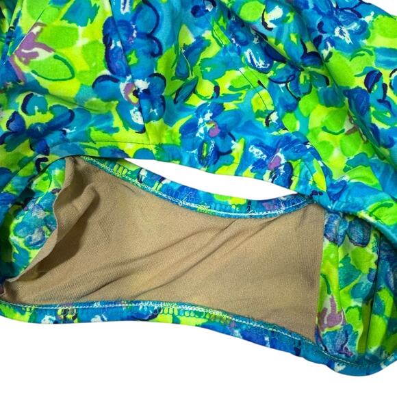 Vintage 90s Daffy Neon Floral Print One Piece Swimsuit 9/10 Green Blue High Cut - Picture 6 of 8